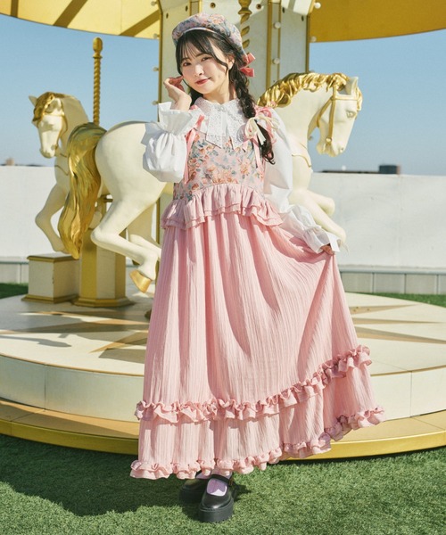 kutir（クティール）の「【クティールとレトロ】ゴブランドッキングフリルリボンジャンパースカート（ジャンパースカート・レディース・ブルー/アイボリー/グリーン/ピンク・SMALL/MEDIUM/LARGE）」の4枚目の写真