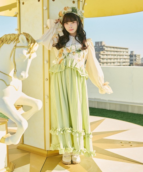 kutir（クティール）の「【クティールとレトロ】ゴブランドッキングフリルリボンジャンパースカート（ジャンパースカート・レディース・ブルー/アイボリー/グリーン/ピンク・SMALL/MEDIUM/LARGE）」の8枚目の写真