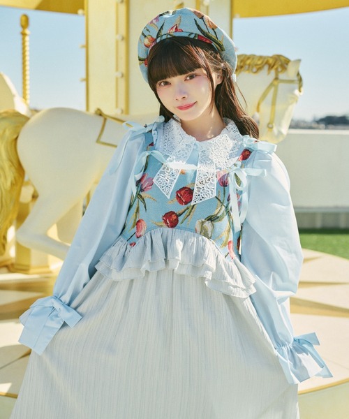 kutir（クティール）の「【クティールとレトロ】ゴブランドッキングフリルリボンジャンパースカート（ジャンパースカート・レディース・ブルー/アイボリー/グリーン/ピンク・SMALL/MEDIUM/LARGE）」の7枚目の写真