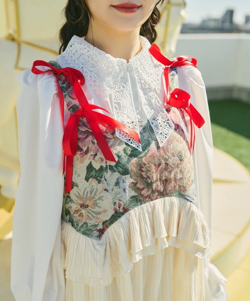 kutir（クティール）の「【クティールとレトロ】ゴブランドッキングフリルリボンジャンパースカート（ジャンパースカート・レディース・ブルー/アイボリー/グリーン/ピンク・SMALL/MEDIUM/LARGE）」の9枚目の写真