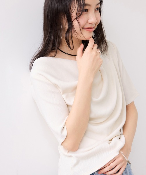 VIS（ビス）の「テレコハーフスリーブドレーププルオーバー（Tシャツ/カットソー・レディース・オフホワイト/ホワイト系その他5/ネイビー/ピンク・FREE）」の2枚目の写真