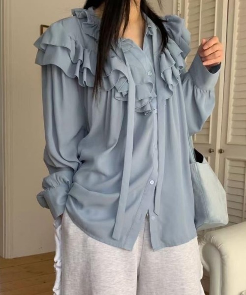 semplice（センプリチェ）の「ブラウス【韓国ファッション】（シャツ/ブラウス・レディース・ホワイト/ブルー・F）」の10枚目の写真