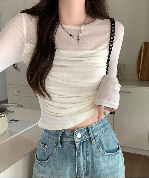 Emilie(エミリー)の「シャーリングレイヤード風カットソー(Tシャツ/カットソー・レディース・カーキ/ホワイト/ライトグリーン・M)」の1枚目の写真