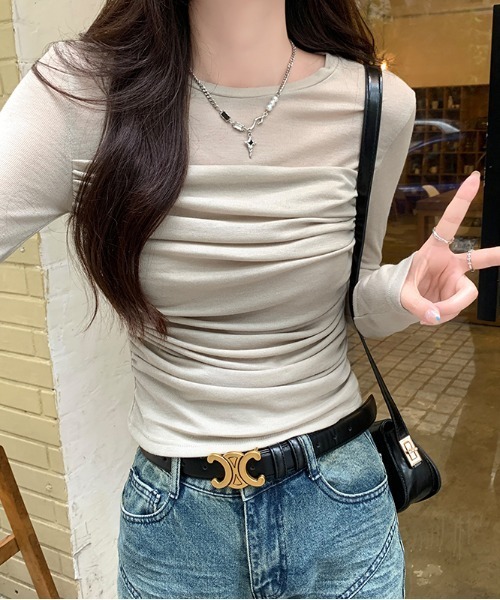 Emilie(エミリー)の「シャーリングレイヤード風カットソー(Tシャツ/カットソー・レディース・カーキ/ホワイト/ライトグリーン・M)」の16枚目の写真