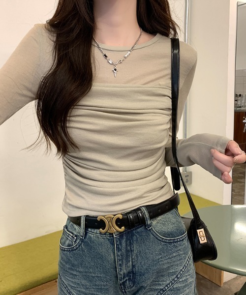 Emilie(エミリー)の「シャーリングレイヤード風カットソー(Tシャツ/カットソー・レディース・カーキ/ホワイト/ライトグリーン・M)」の4枚目の写真