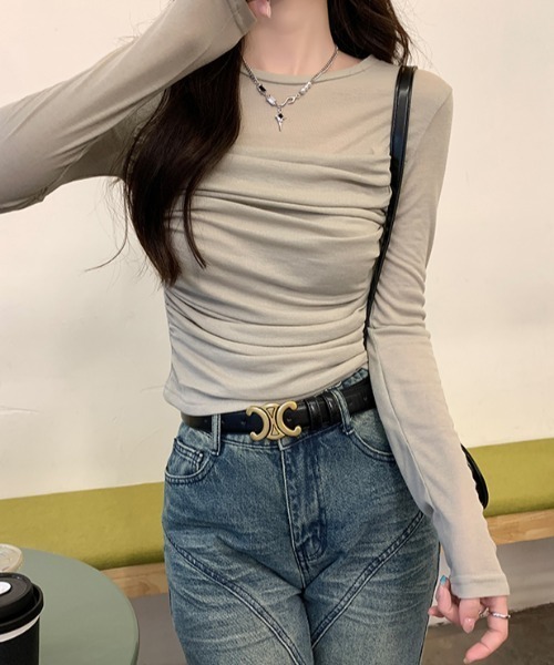 Emilie(エミリー)の「シャーリングレイヤード風カットソー(Tシャツ/カットソー・レディース・カーキ/ホワイト/ライトグリーン・M)」の5枚目の写真