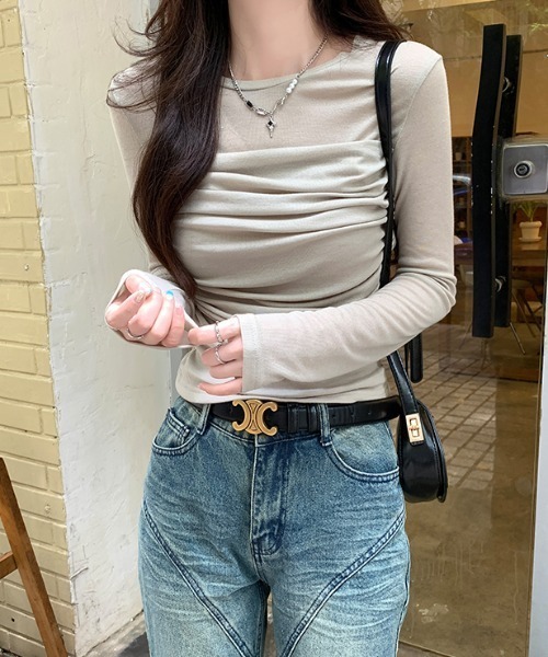 Emilie(エミリー)の「シャーリングレイヤード風カットソー(Tシャツ/カットソー・レディース・カーキ/ホワイト/ライトグリーン・M)」の7枚目の写真
