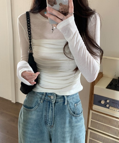 Emilie(エミリー)の「シャーリングレイヤード風カットソー(Tシャツ/カットソー・レディース・カーキ/ホワイト/ライトグリーン・M)」の11枚目の写真