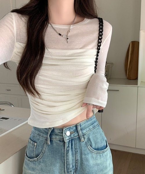 Emilie(エミリー)の「シャーリングレイヤード風カットソー(Tシャツ/カットソー・レディース・カーキ/ホワイト/ライトグリーン・M)」の13枚目の写真