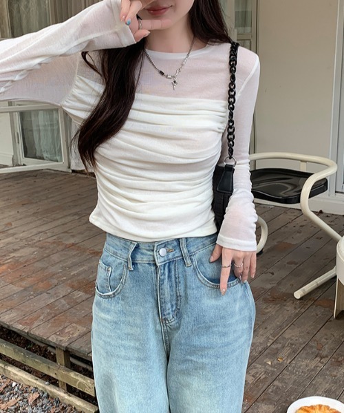 Emilie(エミリー)の「シャーリングレイヤード風カットソー(Tシャツ/カットソー・レディース・カーキ/ホワイト/ライトグリーン・M)」の15枚目の写真