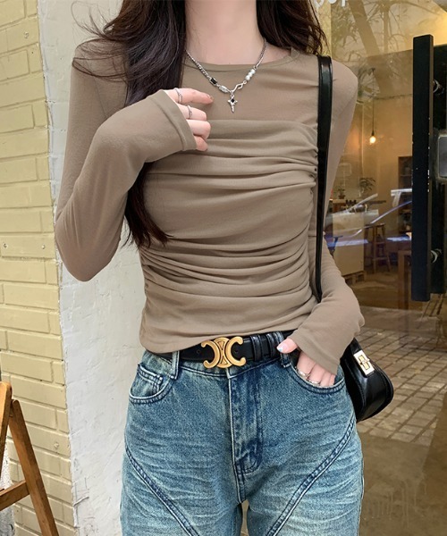 Emilie(エミリー)の「シャーリングレイヤード風カットソー(Tシャツ/カットソー・レディース・カーキ/ホワイト/ライトグリーン・M)」の9枚目の写真