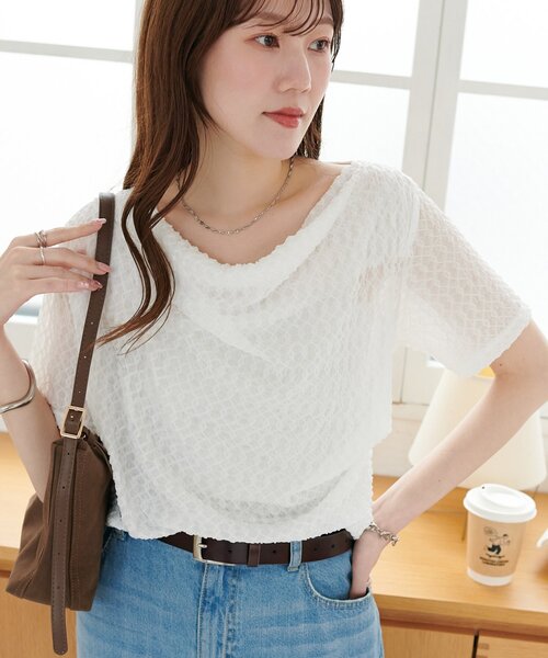 DISCOAT(ディスコート)の「【WEB限定】ジャガードドレープ半袖プルオーバー(Tシャツ/カットソー・レディース・オフホワイト/アイボリー/ブラック/イエロー/ピンク・FREE)」の8枚目の写真