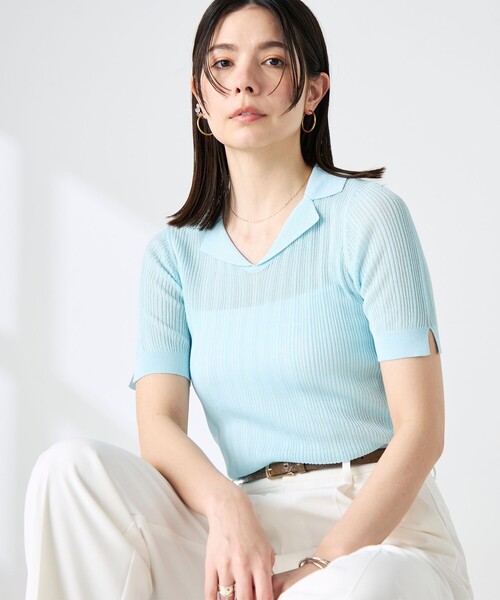 NOLLEY’S Sophi(ノーリーズソフィ)の「《手洗い可能》リブシアーオープンカラープルオーバー(ニット/セーター・レディース・ベージュ/ブラック/サックスブルー・38)」の5枚目の写真