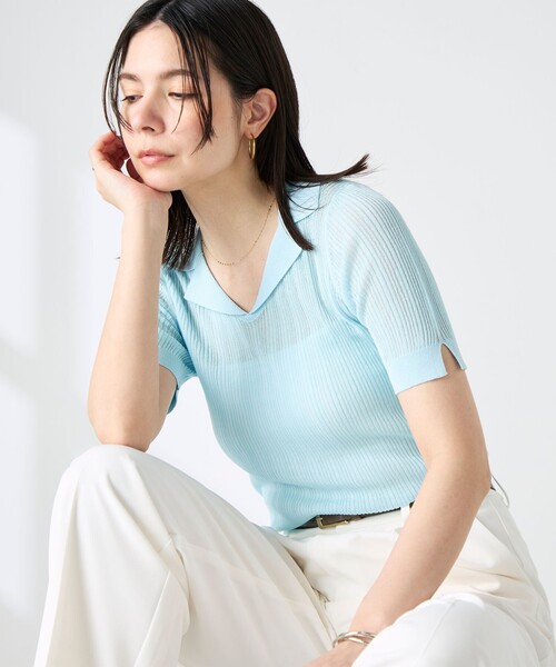 NOLLEY’S Sophi(ノーリーズソフィ)の「《手洗い可能》リブシアーオープンカラープルオーバー(ニット/セーター・レディース・ベージュ/ブラック/サックスブルー・38)」の7枚目の写真