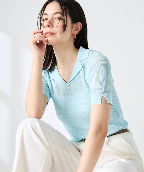NOLLEY’S Sophi(ノーリーズソフィ)の「《手洗い可能》リブシアーオープンカラープルオーバー(ニット/セーター・レディース・ベージュ/ブラック/サックスブルー・38)」の9枚目の写真