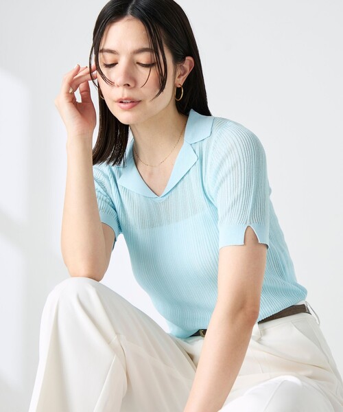 NOLLEY’S Sophi(ノーリーズソフィ)の「《手洗い可能》リブシアーオープンカラープルオーバー(ニット/セーター・レディース・ベージュ/ブラック/サックスブルー・38)」の10枚目の写真
