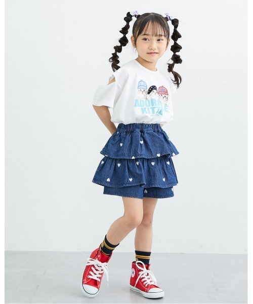 QUNTSTYLE（キュントスタイル）の「ハート刺しゅうデニムティアードパンツインスカート（デニムパンツ・キッズ・ネイビー/ブラック/サックスブルー・140/130/120/110/160/150/100）」の14枚目の写真
