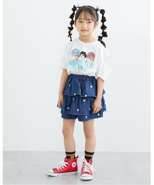 QUNTSTYLE（キュントスタイル）の「ハート刺しゅうデニムティアードパンツインスカート（デニムパンツ・キッズ・ネイビー/ブラック/サックスブルー・140/130/120/110/160/150/100）」の15枚目の写真