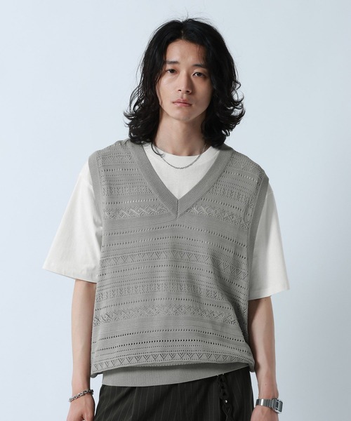RAGEBLUE(レイジブルー)の「Lace Knitting Knit Ensemble Vest/透かし編みニットベスト【Tシャツ付き】(ベスト・メンズ・グレー/ブラック・MEDIUM/LARGE)」の2枚目の写真