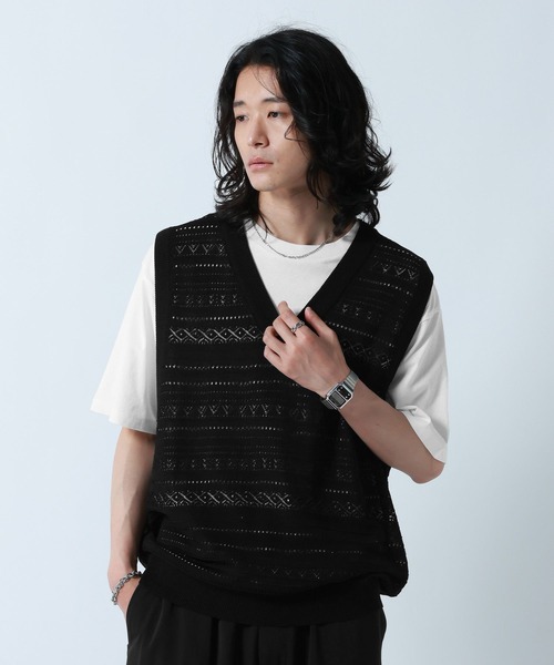 RAGEBLUE(レイジブルー)の「Lace Knitting Knit Ensemble Vest/透かし編みニットベスト【Tシャツ付き】(ベスト・メンズ・グレー/ブラック・MEDIUM/LARGE)」の7枚目の写真