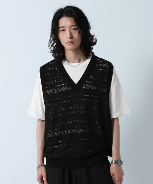 RAGEBLUE(レイジブルー)の「Lace Knitting Knit Ensemble Vest/透かし編みニットベスト【Tシャツ付き】(ベスト・メンズ・グレー/ブラック・MEDIUM/LARGE)」の8枚目の写真