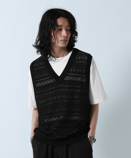 RAGEBLUE(レイジブルー)の「Lace Knitting Knit Ensemble Vest/透かし編みニットベスト【Tシャツ付き】(ベスト・メンズ・グレー/ブラック・MEDIUM/LARGE)」の9枚目の写真