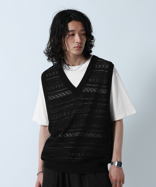 RAGEBLUE(レイジブルー)の「Lace Knitting Knit Ensemble Vest/透かし編みニットベスト【Tシャツ付き】(ベスト・メンズ・グレー/ブラック・MEDIUM/LARGE)」の11枚目の写真