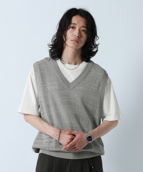 RAGEBLUE(レイジブルー)の「Lace Knitting Knit Ensemble Vest/透かし編みニットベスト【Tシャツ付き】(ベスト・メンズ・グレー/ブラック・MEDIUM/LARGE)」の19枚目の写真