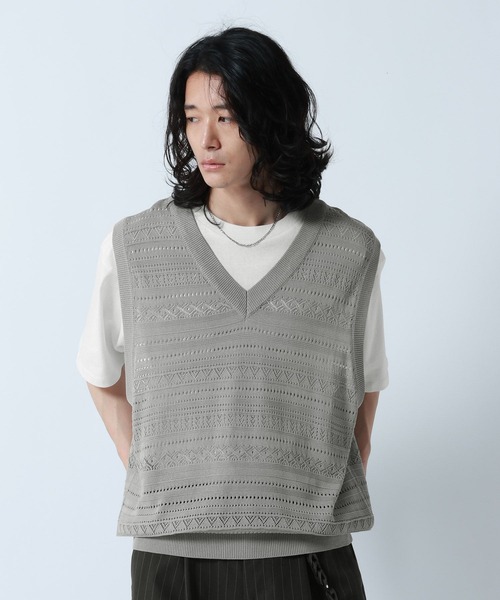 RAGEBLUE(レイジブルー)の「Lace Knitting Knit Ensemble Vest/透かし編みニットベスト【Tシャツ付き】(ベスト・メンズ・グレー/ブラック・MEDIUM/LARGE)」の20枚目の写真