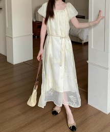 フラワー刺繍シアーロングワンピース