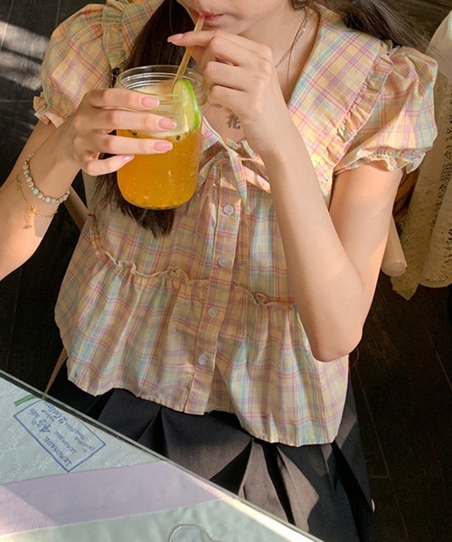 gossip!ロサンゼルス(ゴシップロサンゼルス)の「YUGA パステルチェックのフリルブラウス(シャツ/ブラウス・レディース・ピンク・L/M)」の9枚目の写真