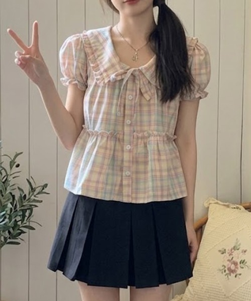 gossip!ロサンゼルス(ゴシップロサンゼルス)の「YUGA パステルチェックのフリルブラウス(シャツ/ブラウス・レディース・ピンク・L/M)」の8枚目の写真