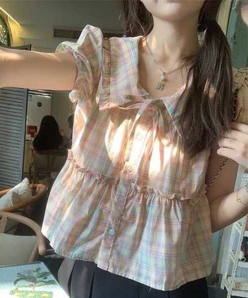 gossip!ロサンゼルス(ゴシップロサンゼルス)の「YUGA パステルチェックのフリルブラウス(シャツ/ブラウス・レディース・ピンク・L/M)」の4枚目の写真
