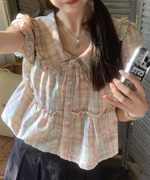 gossip!ロサンゼルス(ゴシップロサンゼルス)の「YUGA パステルチェックのフリルブラウス(シャツ/ブラウス・レディース・ピンク・L/M)」の7枚目の写真