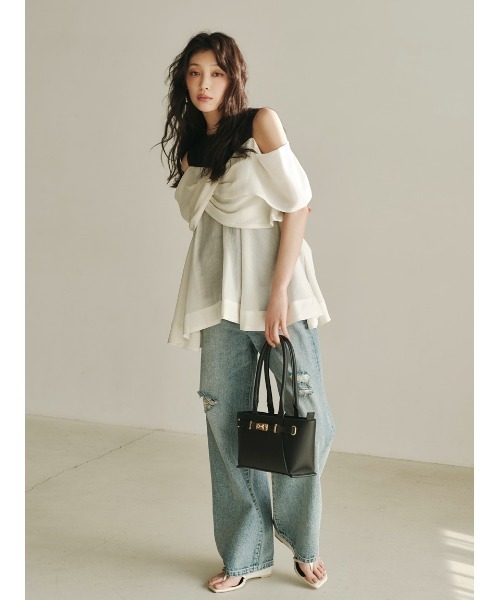 FRAY I.D(フレイアイディー)の「ツイストディテールカットトップス/ウォッシャブル・接触冷感(Tシャツ/カットソー・レディース・マルチ/ミント/ホワイト・F)」の14枚目の写真