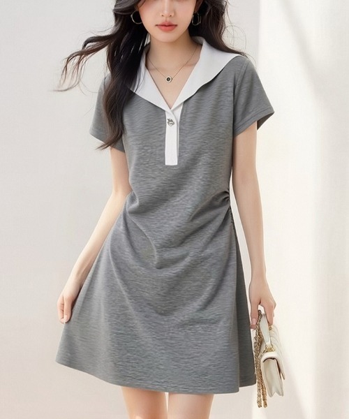 LUCPY(ラクピー)の「配色セーラーカラーポロワンピース(ワンピース・レディース・グレー・SMALL/X-LARGE/LARGE/MEDIUM)」の1枚目の写真