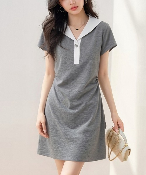 LUCPY(ラクピー)の「配色セーラーカラーポロワンピース(ワンピース・レディース・グレー・SMALL/X-LARGE/LARGE/MEDIUM)」の2枚目の写真