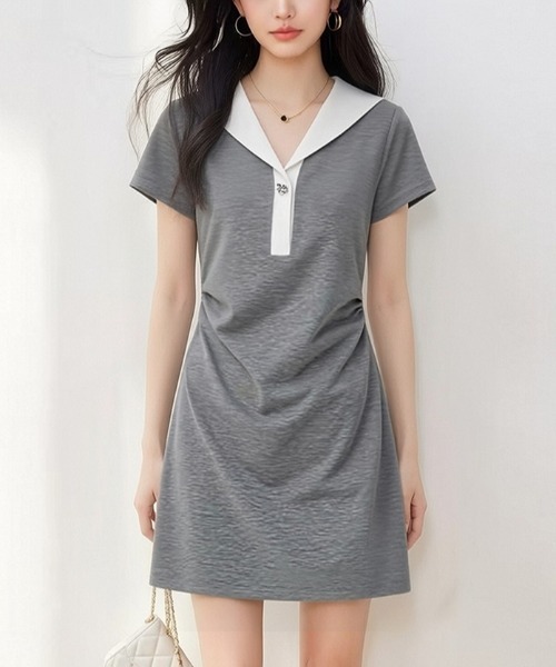 LUCPY(ラクピー)の「配色セーラーカラーポロワンピース(ワンピース・レディース・グレー・SMALL/X-LARGE/LARGE/MEDIUM)」の3枚目の写真