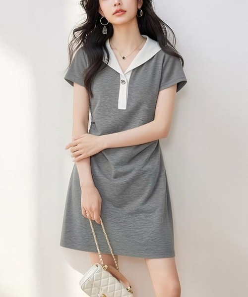 LUCPY(ラクピー)の「配色セーラーカラーポロワンピース(ワンピース・レディース・グレー・SMALL/X-LARGE/LARGE/MEDIUM)」の4枚目の写真
