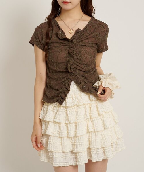 w closet(ダブルクローゼット)の「なみなみジャガードレースT カーディガン 夏服(Tシャツ/カットソー・レディース・ブラック/オフホワイト/ブラウン/サックスブルー/ピンク・FREE)」の3枚目の写真
