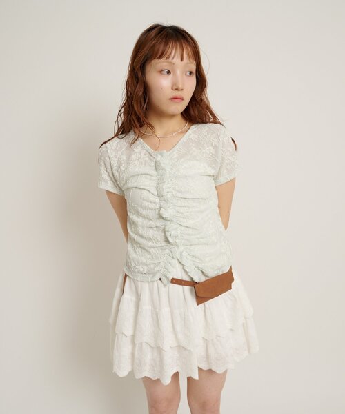 w closet(ダブルクローゼット)の「なみなみジャガードレースT カーディガン 夏服(Tシャツ/カットソー・レディース・ブラック/オフホワイト/ブラウン/サックスブルー/ピンク・FREE)」の4枚目の写真