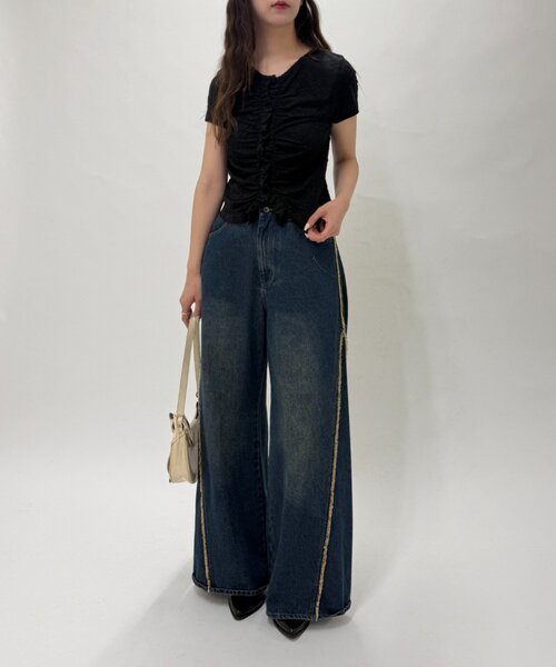 w closet（ダブルクローゼット）の「なみなみジャガードレースT カーディガン　夏服（Tシャツ/カットソー・レディース・ブラック/オフホワイト/ブラウン/サックスブルー/ピンク・FREE）」の6枚目の写真