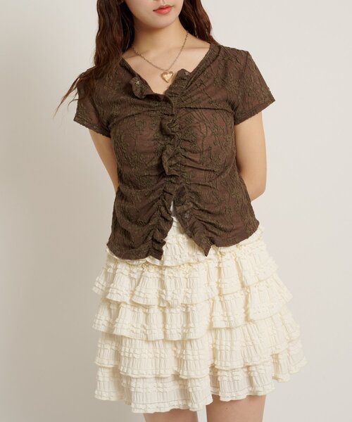 w closet（ダブルクローゼット）の「なみなみジャガードレースT カーディガン　夏服（Tシャツ/カットソー・レディース・ブラック/オフホワイト/ブラウン/サックスブルー/ピンク・FREE）」の9枚目の写真
