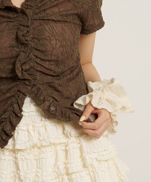 w closet（ダブルクローゼット）の「なみなみジャガードレースT カーディガン　夏服（Tシャツ/カットソー・レディース・ブラック/オフホワイト/ブラウン/サックスブルー/ピンク・FREE）」の13枚目の写真