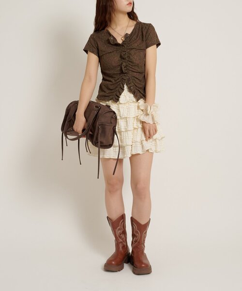w closet(ダブルクローゼット)の「なみなみジャガードレースT カーディガン 夏服(Tシャツ/カットソー・レディース・ブラック/オフホワイト/ブラウン/サックスブルー/ピンク・FREE)」の19枚目の写真