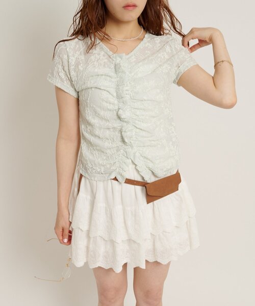 w closet（ダブルクローゼット）の「なみなみジャガードレースT カーディガン　夏服（Tシャツ/カットソー・レディース・ブラック/オフホワイト/ブラウン/サックスブルー/ピンク・FREE）」の18枚目の写真