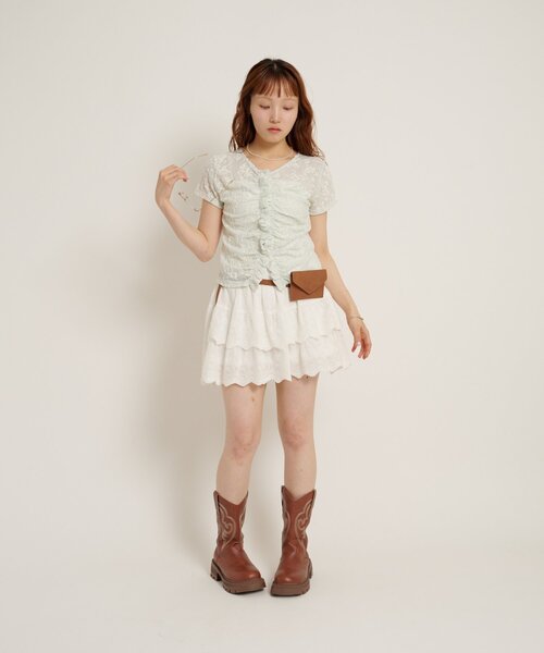 w closet(ダブルクローゼット)の「なみなみジャガードレースT カーディガン 夏服(Tシャツ/カットソー・レディース・ブラック/オフホワイト/ブラウン/サックスブルー/ピンク・FREE)」の14枚目の写真