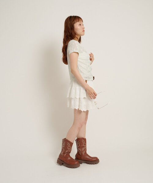 w closet(ダブルクローゼット)の「なみなみジャガードレースT カーディガン 夏服(Tシャツ/カットソー・レディース・ブラック/オフホワイト/ブラウン/サックスブルー/ピンク・FREE)」の15枚目の写真