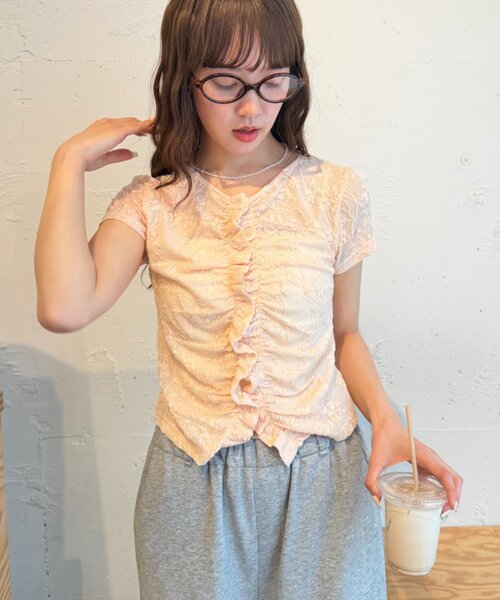 w closet(ダブルクローゼット)の「なみなみジャガードレースT カーディガン 夏服(Tシャツ/カットソー・レディース・ブラック/オフホワイト/ブラウン/サックスブルー/ピンク・FREE)」の18枚目の写真