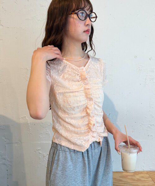 w closet(ダブルクローゼット)の「なみなみジャガードレースT カーディガン 夏服(Tシャツ/カットソー・レディース・ブラック/オフホワイト/ブラウン/サックスブルー/ピンク・FREE)」の7枚目の写真